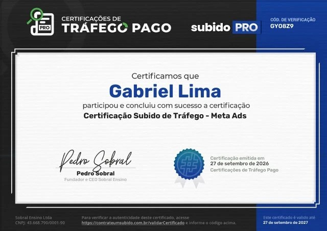 Certificado Subido Pro de Meta Ads de Gabriel Lima